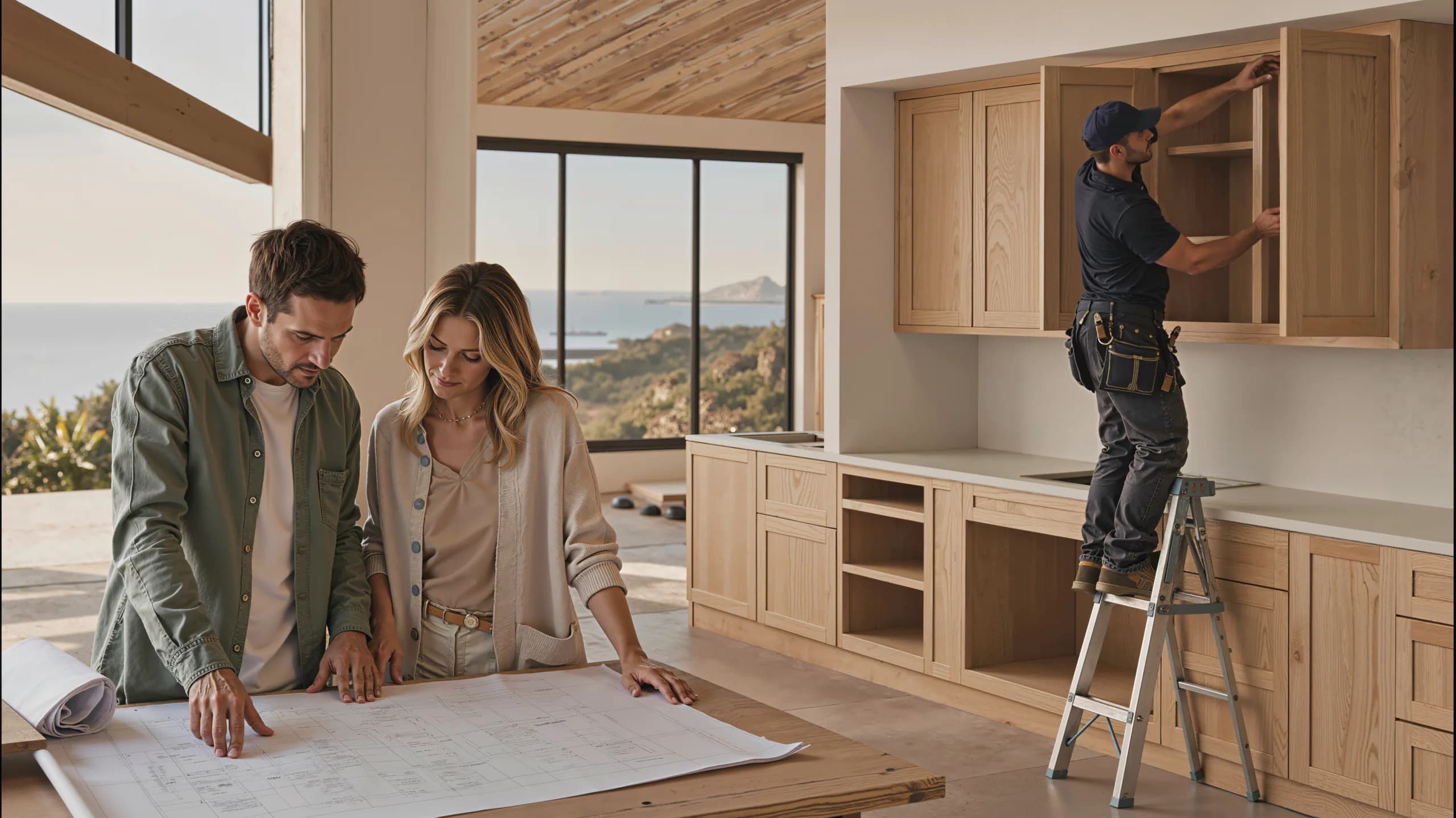Marram team members reviewing cabinetry plans together